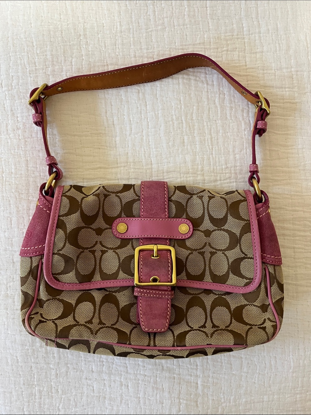 Coach Canvas Shoulder Bag with Pink Leather Trim and Gold Hardware